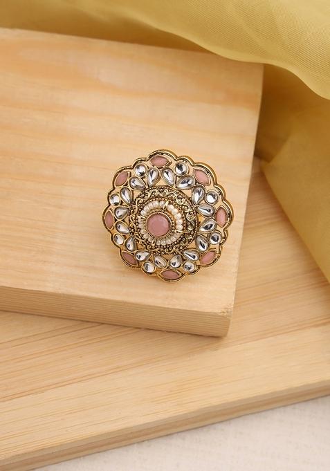 Gold Plated Pink Kundan Studded And Beaded Adjustable Finger Ring