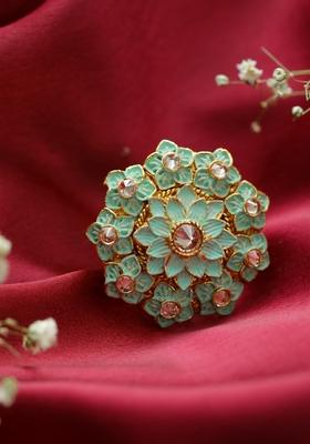Gold Plated Turquoise Blue And White Ad Studded Adjustable Finger Ring