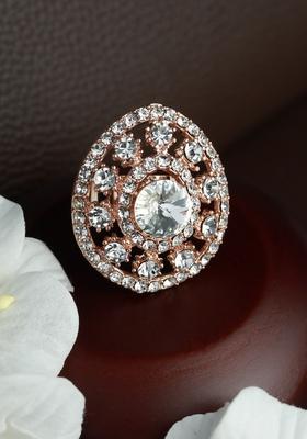Rose Gold Plated White Ad Studded Adjustable Finger Ring