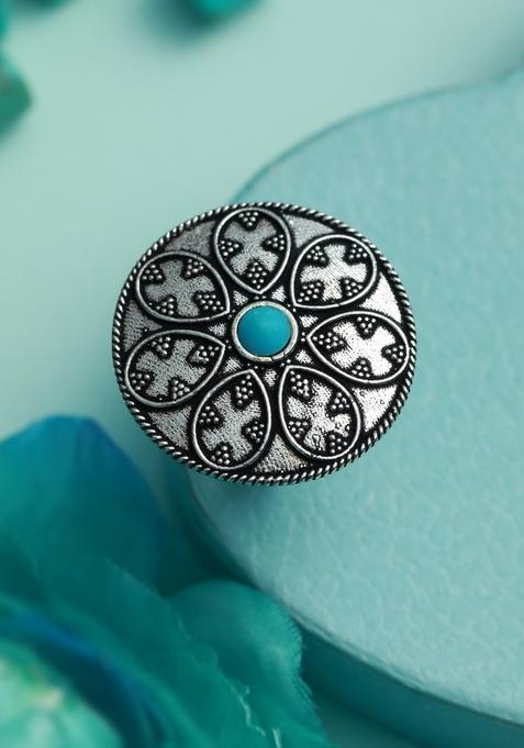 Silver Plated Blue Stone Studded Adjustable Finger Ring