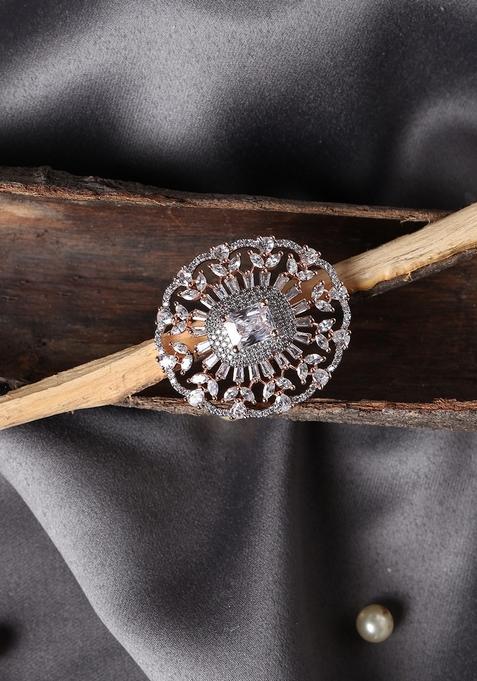Rose Gold Plated Silver Toned Ad Studded Adjustable Finger Ring