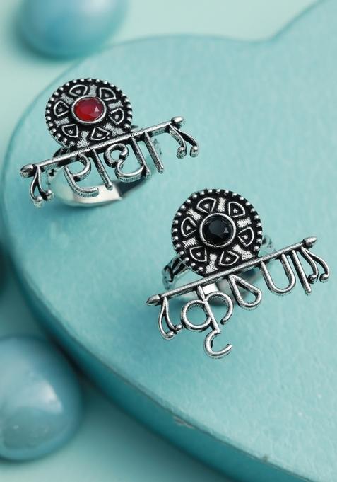 Pack Of 2 Oxidised Silver Plated Red And Green Stone Studded Finger Ring