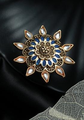 Gold Plated Blue Enamelled Kundan Stone Studded Adjustable Finger Ring