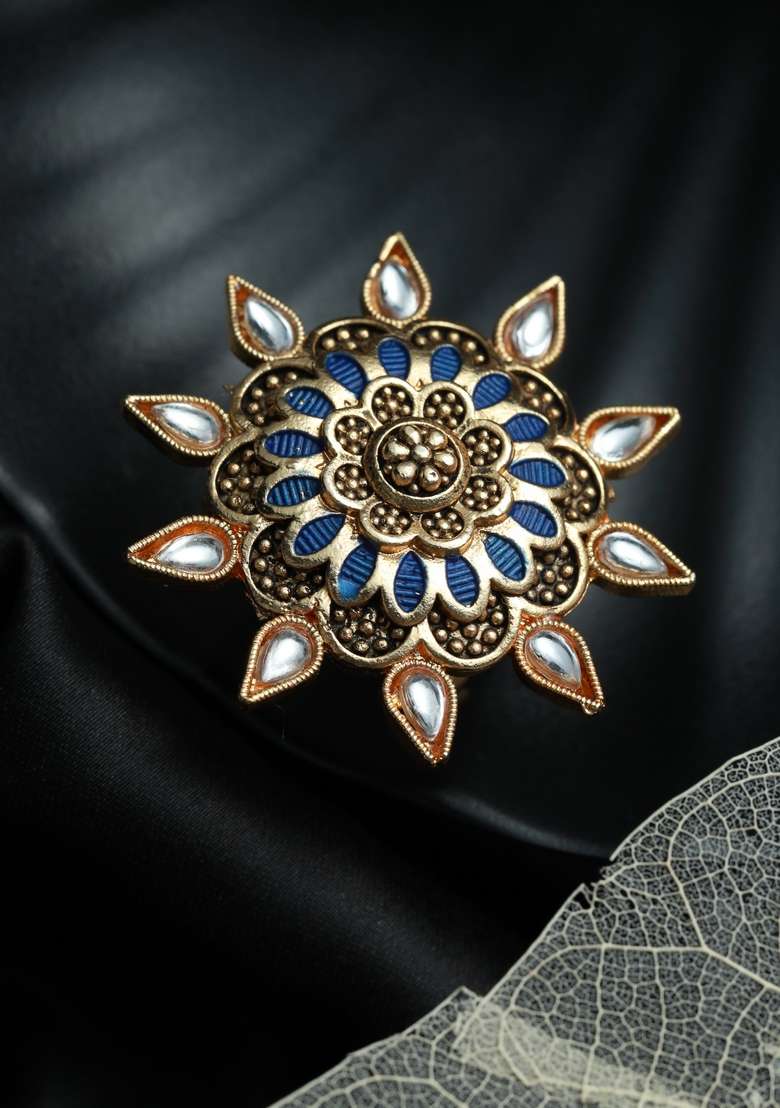 Gold Plated Blue Enamelled Kundan Stone Studded Adjustable Finger Ring - Indya