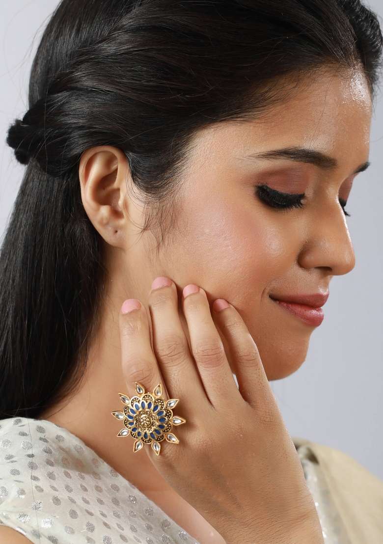 Gold Plated Blue Enamelled Kundan Stone Studded Adjustable Finger Ring - Indya