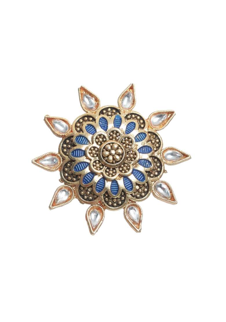 Gold Plated Blue Enamelled Kundan Stone Studded Adjustable Finger Ring - Indya