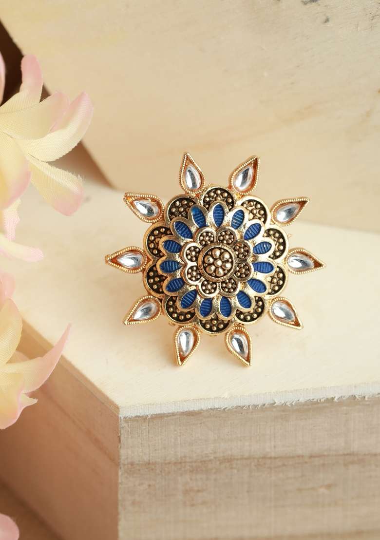 Gold Plated Blue Enamelled Kundan Stone Studded Adjustable Finger Ring - Indya