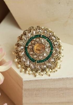 Gold Plated Green And White Kundan Studded And Beaded Finger Ring