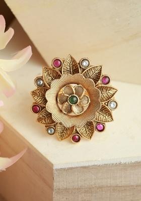 Women Gold Plated Pink And White Stone Studded Adjustable Finger Ring