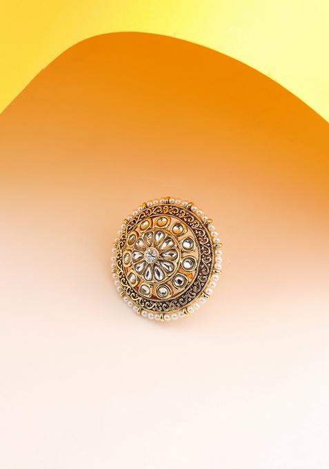 Gold Plated White Kundan Studded Adjustable Finger Ring