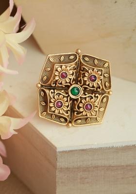 Gold Plated And Maroon Stone Studded Adjustable Finger Ring
