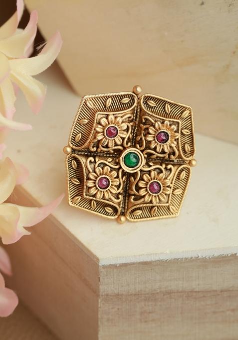 Gold Plated And Maroon Stone Studded Adjustable Finger Ring