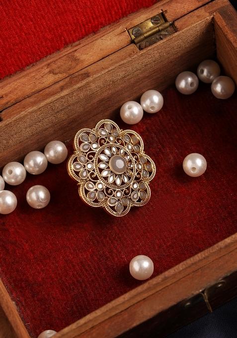 Gold Plated Grey And White Kundan Studded Handcrafted Finger Ring