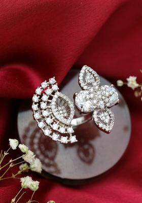 Silver Plated White Cz Studded Floral Shaped Adjustable Finger Ring