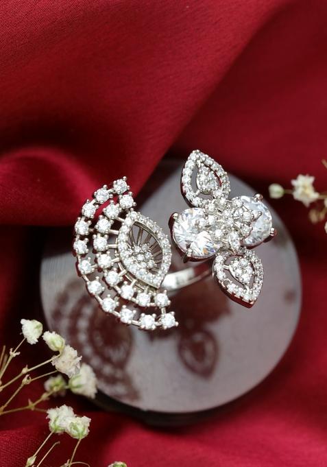 Silver Plated White Cz Studded Floral Shaped Adjustable Finger Ring
