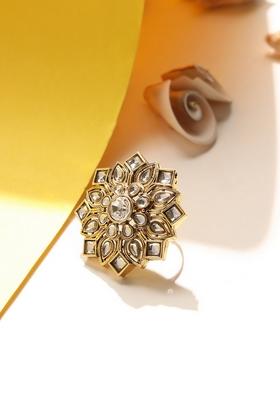 Gold Plated White Kundan Studded Adjustable Finger Ring