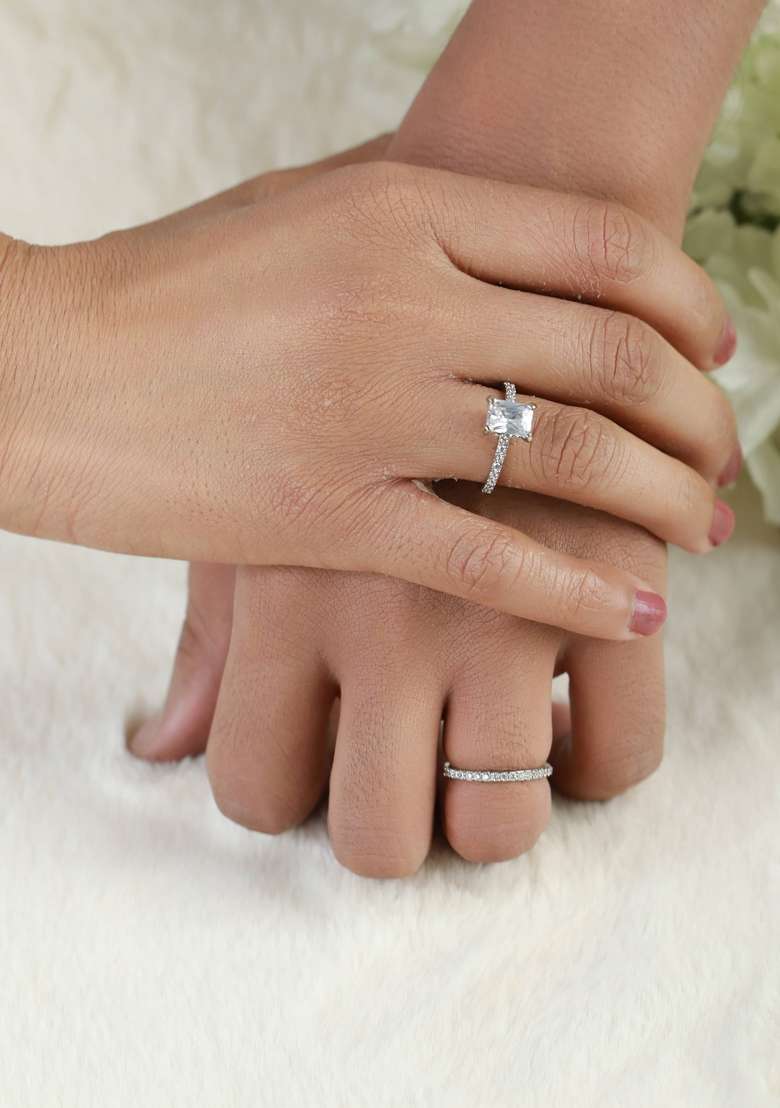 Silver Plated Silver Toned White Kundan Studded Finger Ring - Indya