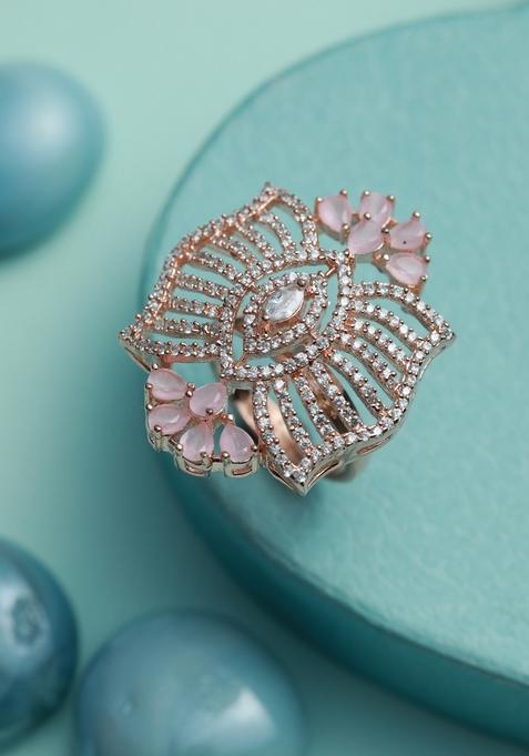 Rose Gold Plated Pink Ad Studded Adjustable Finger Ring