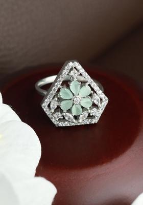 Silver Plated Lime Green Coloured And White Ad Studded Ring