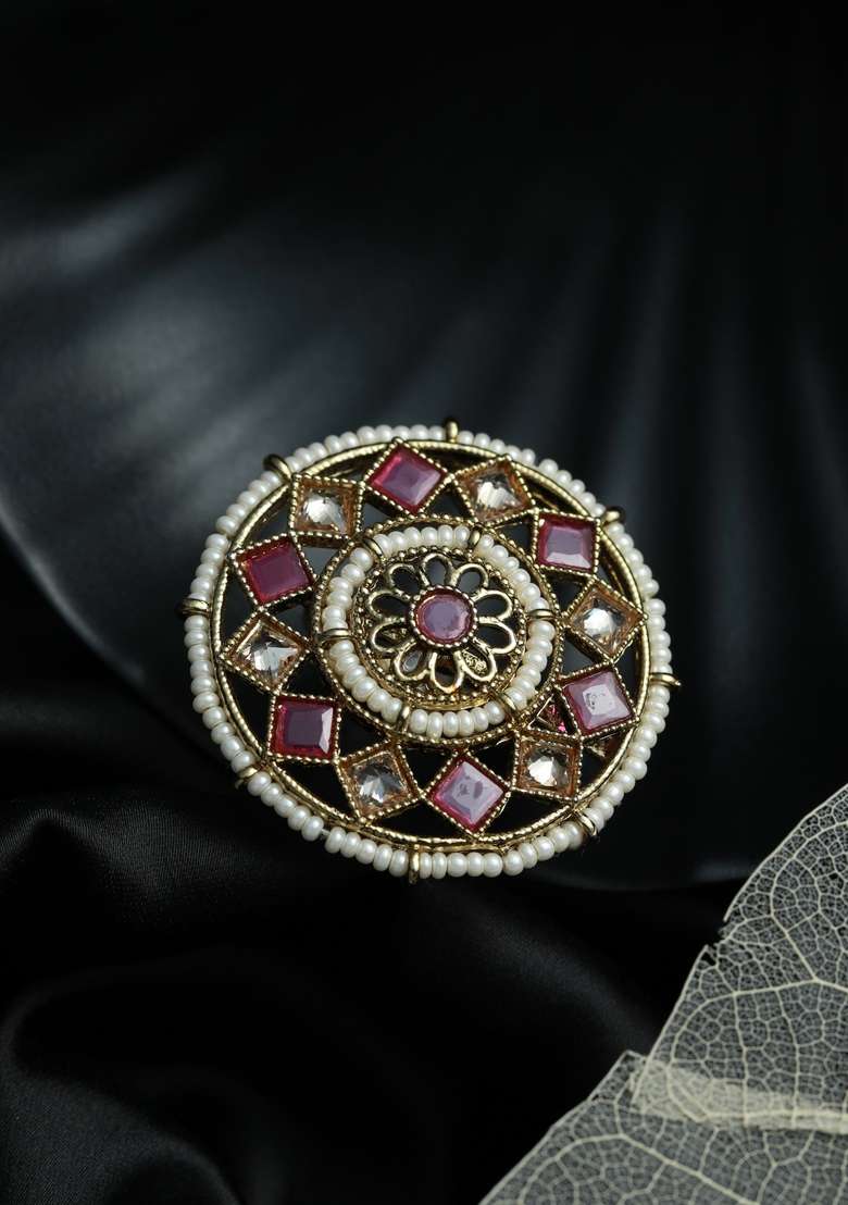 Gold Plated Pink Kundan Studded Finger Ring - Indya