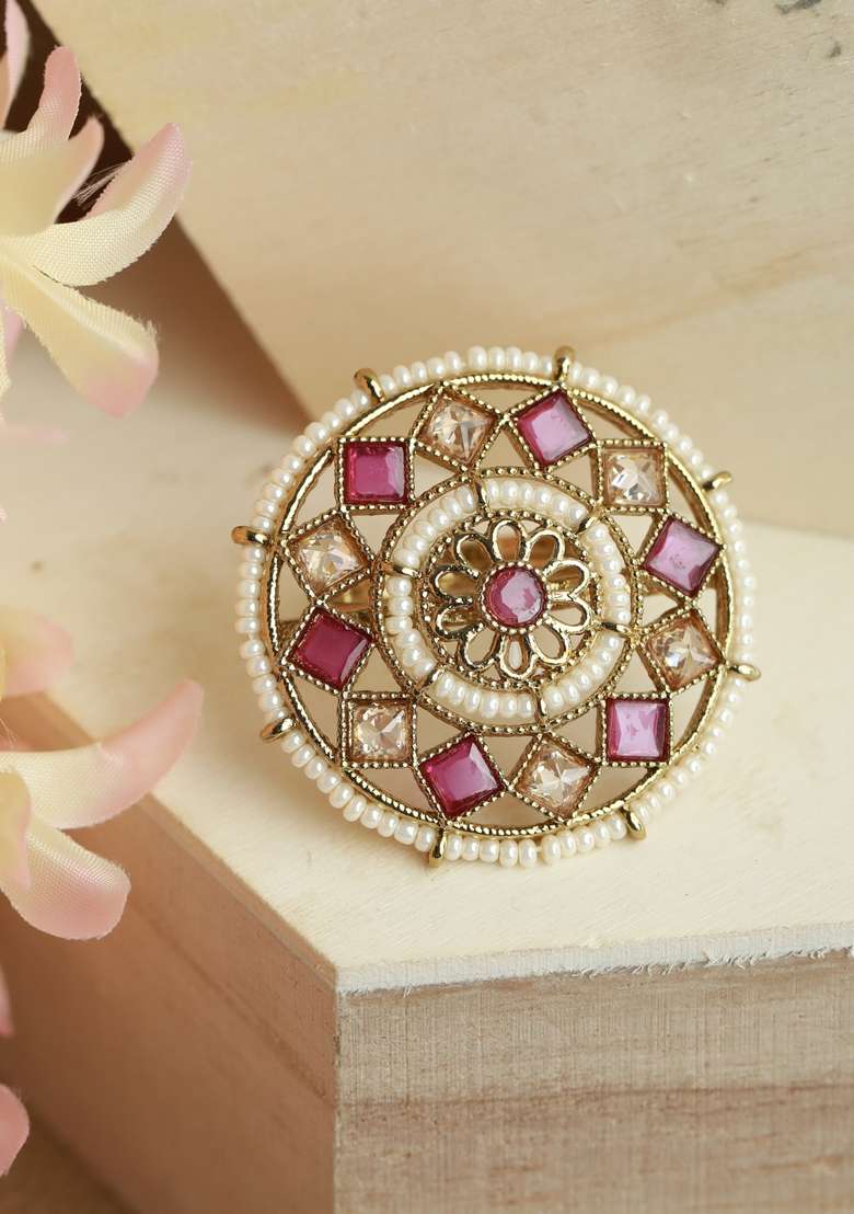 Gold Plated Pink Kundan Studded Finger Ring - Indya