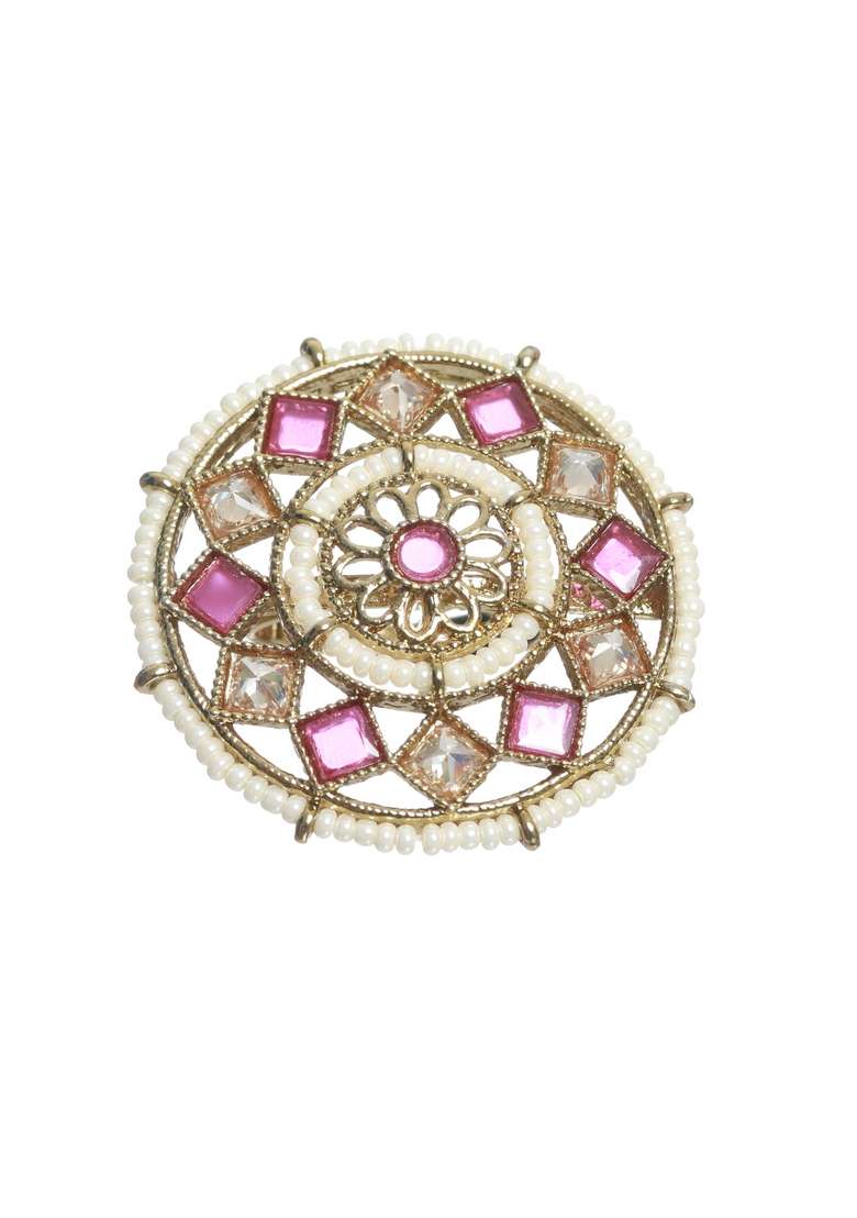 Gold Plated Pink Kundan Studded Finger Ring - Indya