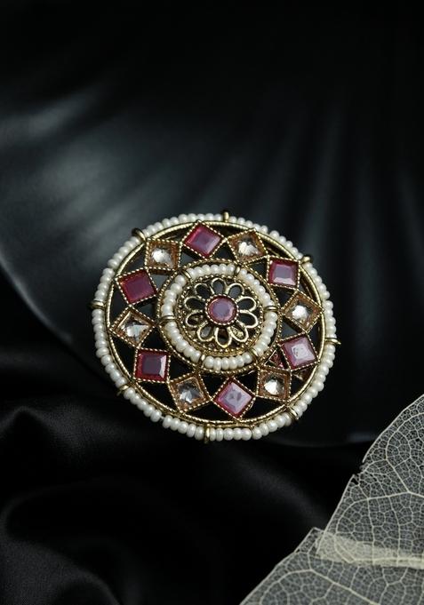 Gold Plated Pink Kundan Studded Finger Ring