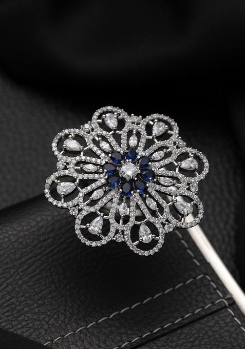 Silver Plated Ad Stone Studded Adjustable Cocktail Finger Ring
