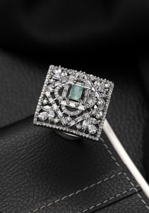 Silver Plated Ad Studded Adjustable Finger Ring