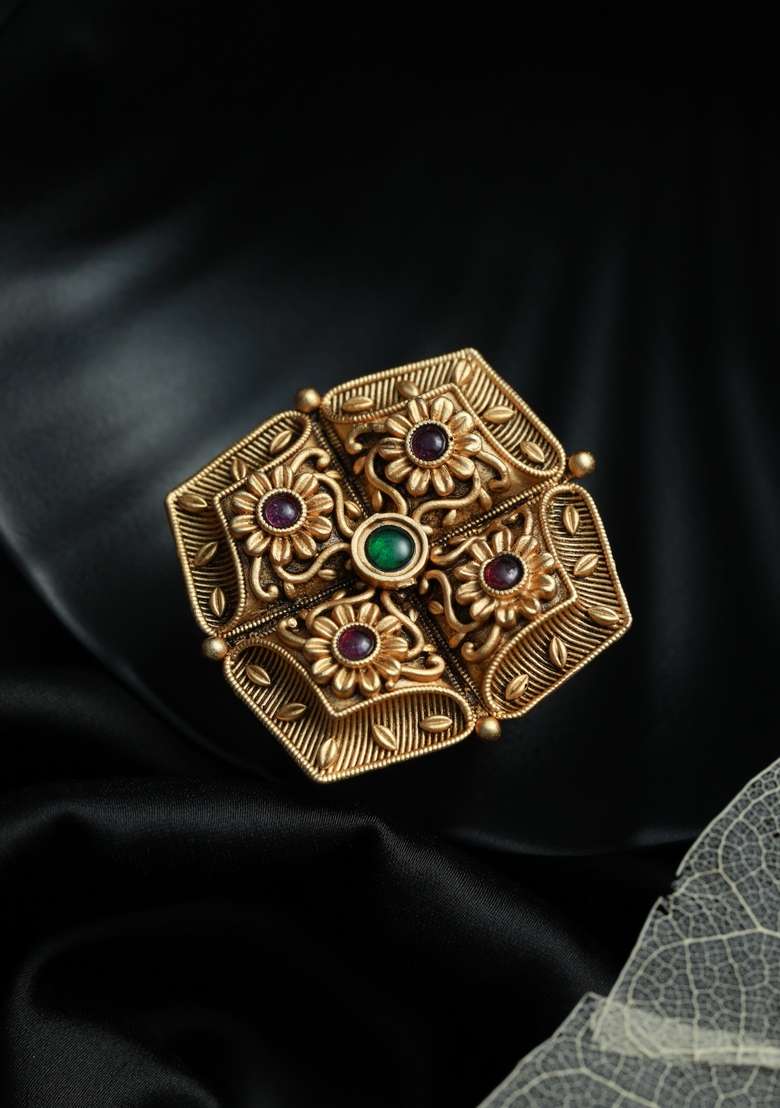 Gold Plated Stone Studded And Beaded Finger Ring - Indya