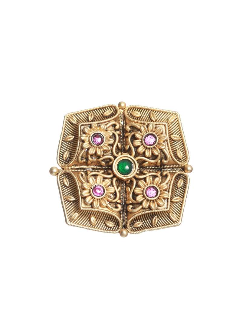 Gold Plated Stone Studded And Beaded Finger Ring - Indya