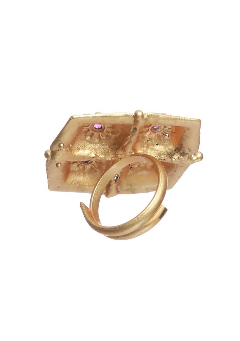 Gold Plated Stone Studded And Beaded Finger Ring - Indya