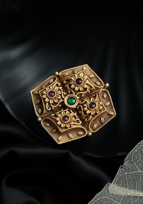 Gold Plated Stone Studded And Beaded Finger Ring