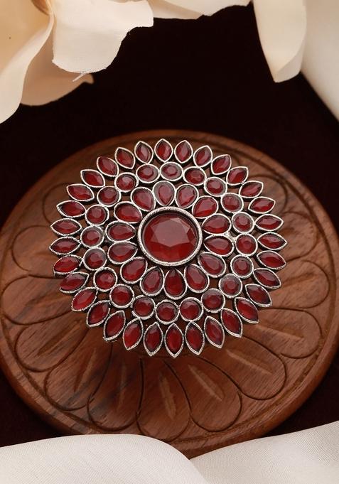 Silver Plated And Stone Studded Adjustable German Silver Finger Ring