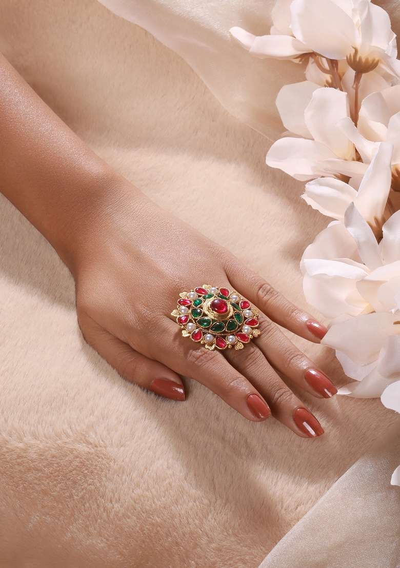 Gold Plated Stone Studded And Beaded Adjustable Finger Ring - Indya