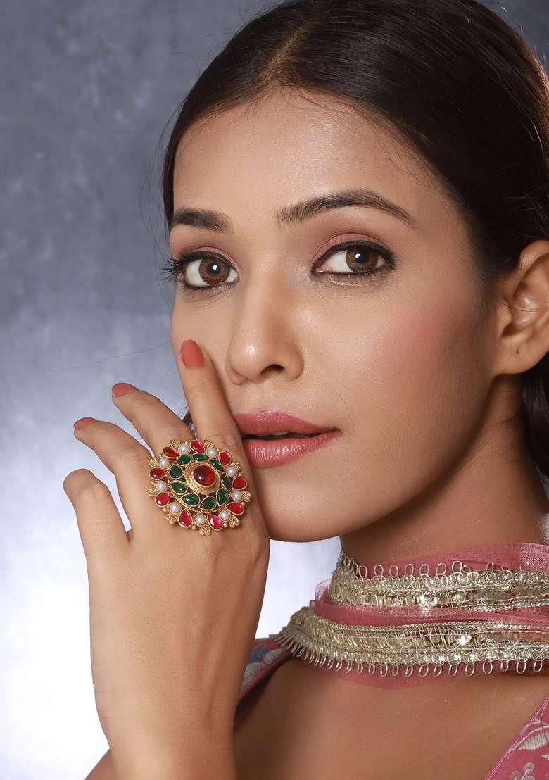 Gold Plated Stone Studded And Beaded Adjustable Finger Ring - Indya