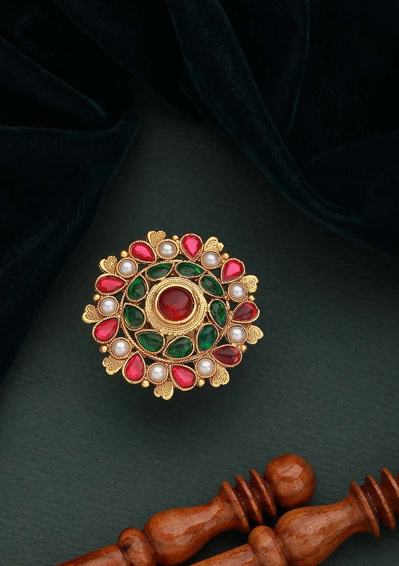Gold Plated Stone Studded And Beaded Adjustable Finger Ring - Indya