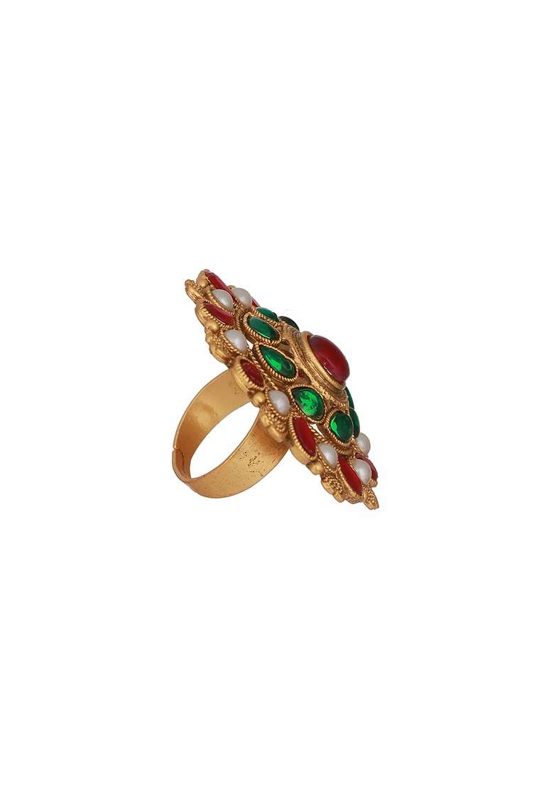 Gold Plated Stone Studded And Beaded Adjustable Finger Ring - Indya