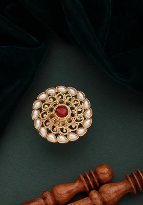 Gold Plated Stone Studded And Beaded Adjustable Finger Rings