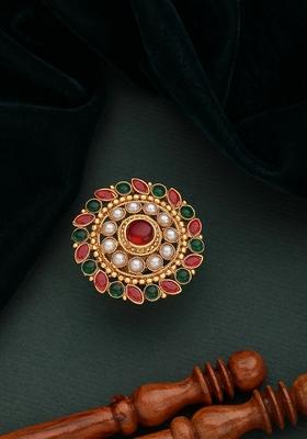 Gold Plated Stone Studded And Beaded Meenakari Adjustable Finger Rings