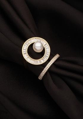 Gold Plated Cz Studded And Beaded Adjustable Finger Ring