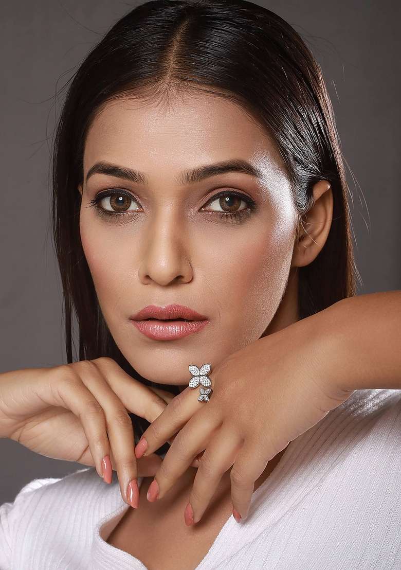 Silver Plated Cubic Zirconia Studded Finger Ring - Indya