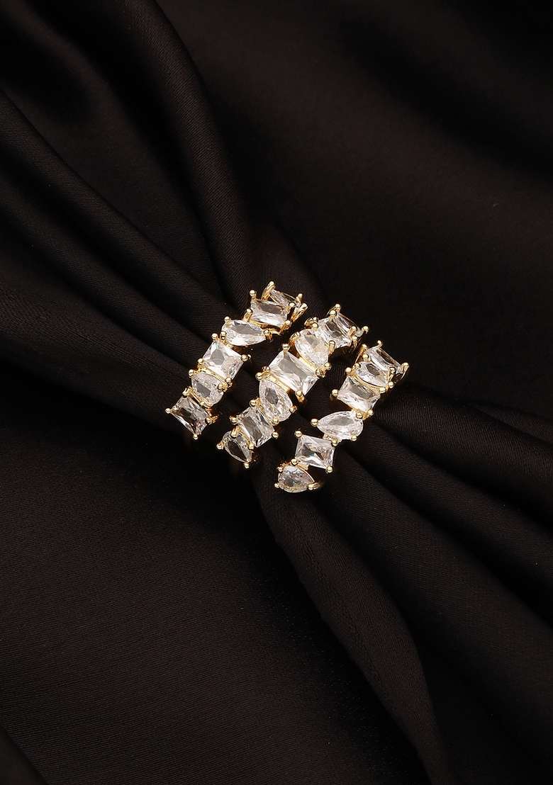 Gold Plated Cubic Zirconia Studded And Layered Adjustable Finger Ring - Indya