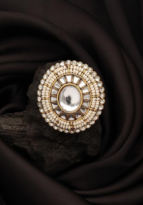 Gold Plated Kundan Studded Beaded Finger Ring