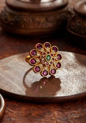 Gold Plated Floral Stone Studded Adjustable Finger Ring