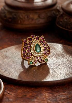 Gold Plated Stone Studded Peacock Adjustable Finger Ring