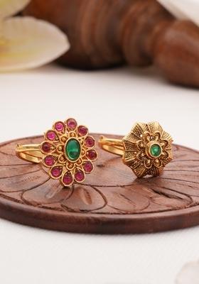 Gold Plated Set Of 2 Artificial Stones Studded Finger Rings