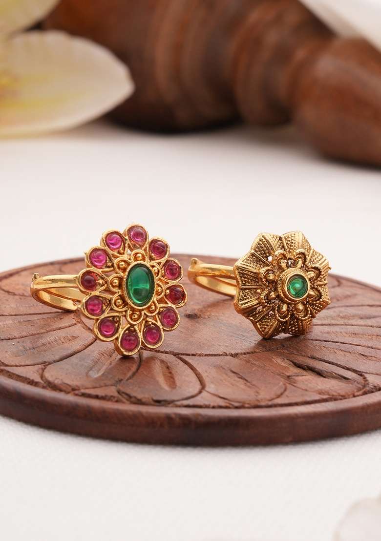 Gold Plated Set Of 2 Artificial Stones Studded Finger Rings - Indya