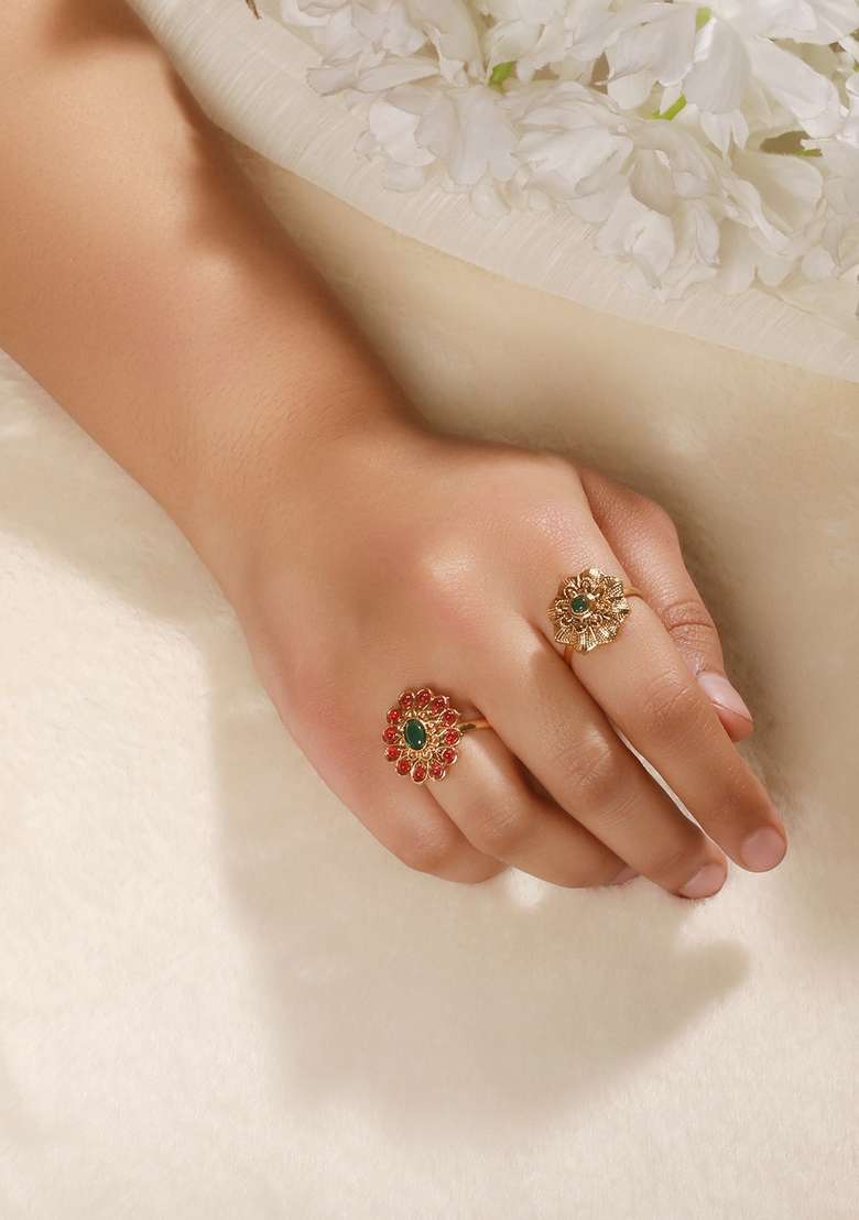 Gold Plated Set Of 2 Artificial Stones Studded Finger Rings - Indya