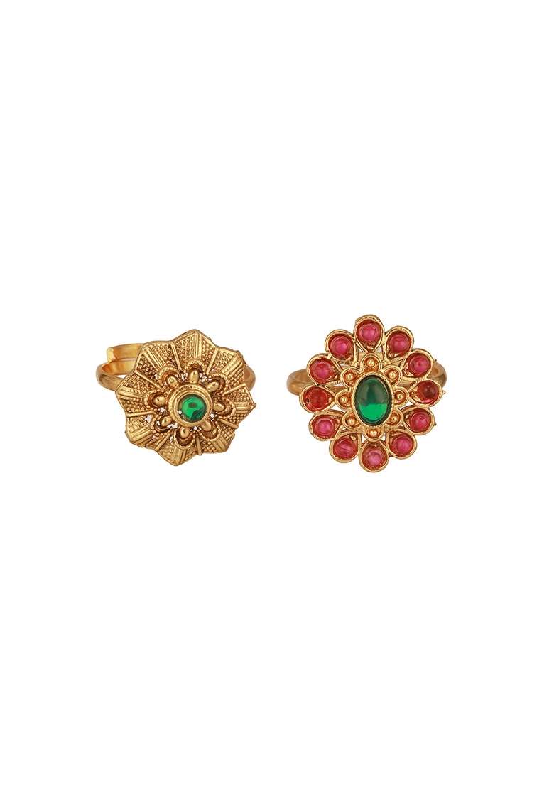 Gold Plated Set Of 2 Artificial Stones Studded Finger Rings - Indya